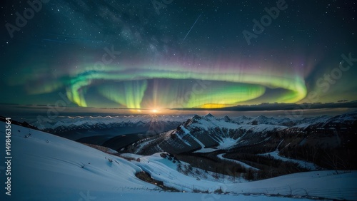 Wallpaper Mural Majestic aurora borealis over snow-capped mountains at dawn. Torontodigital.ca