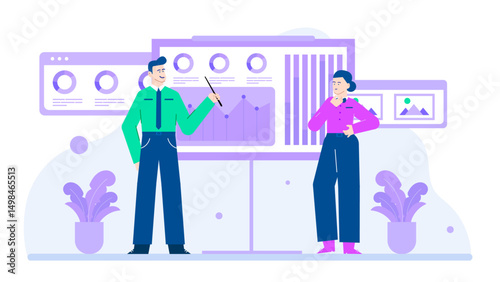 Man in a green shirt presenting data to a woman, suitable for business presentations, teamwork concepts, brainstorming sessions, professional collaborations.