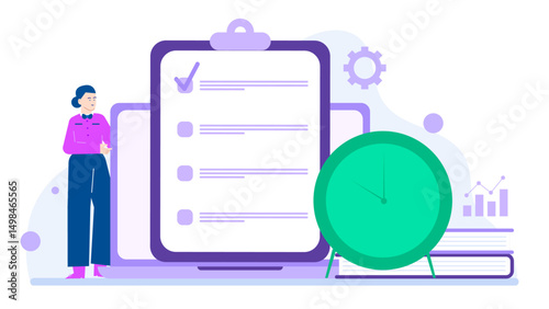 Professional woman managing time, tasks, and priorities with_Checklist, clock, and books. Ideal for business, time management, organization concepts.
