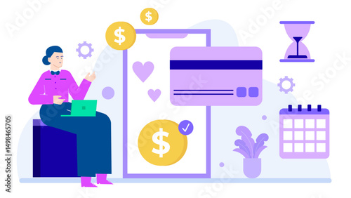 Woman using laptop and managing finances with credit card, calendar, and coins.