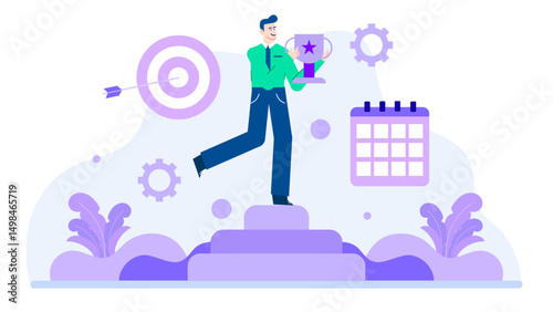 Celebrating success, man stands on podium holding trophy. Victory, competition, achievement, recognition illustrations for sports, business, and personal development.