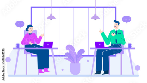 Two people in office desks working on laptops. Suitable for business, teamwork, office environment, workplace culture, and collaboration concepts.