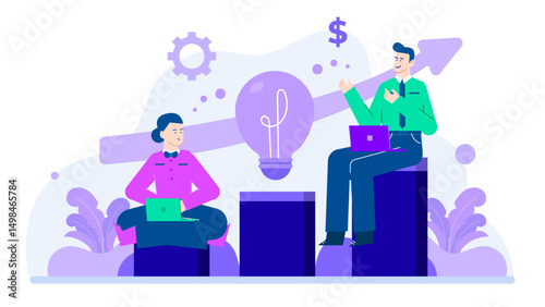 Two people on laptops sit on blocks with a lightbulb behind them, perfect for creative collaboration, education, brainstorming concepts.