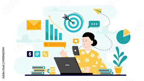 Woman multitasking with laptop and phone, perfect for business, technology, work from home, communication, office, and remote work concepts.
