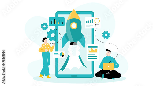 Two people studying graphs on a phone next to a rocket, suitable for business or technology concepts in presentations or designs.