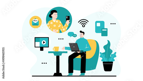 Man in_Chair on laptop video call. Suitable for technology, communication, remote work, virtual meetings, telecommuting concepts in design projects.