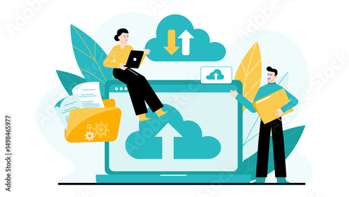 Two people uploading files to the cloud, ideal for technology, teamwork, data sharing, online storage, collaboration, and digital security concepts.