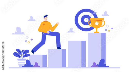 Man climbing stairs to a gold trophy, symbolizing success and achievement, suitable for motivation, success, goals, career, recognition concepts.