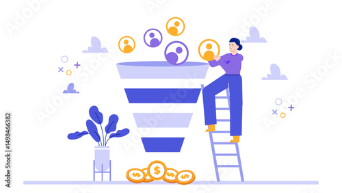 Person placing people into a funnel on a ladder, representing recruitment or marketing processes. Suitable for business or human resources concepts.