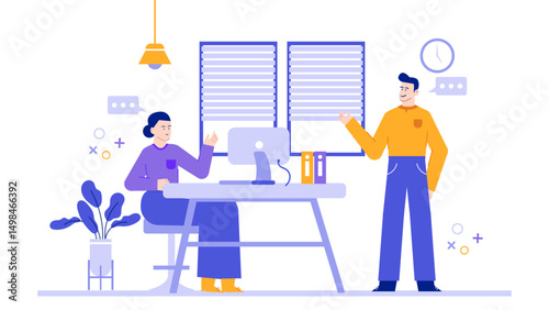 Two people in an office setting discussing business ideas, suitable for corporate presentations, team collaboration concepts, and workplace diversity campaigns.