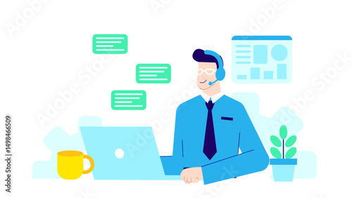 Professional business representative working with a headset at a desk. Suitable for office, communication, customer service, technology, and call center concepts.