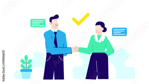 Two business people shaking hands under a_Checkmark; suitable for agreements, partnership, success, collaboration, business deals, teamwork, and accomplishments.