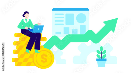 Woman sitting on coins, up arrow in background. Ideal for financial success, investment, wealth management concepts in business presentations.