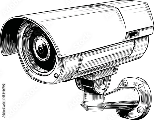 Black and white illustration of a security camera sketch with detailed shading. Vector illustration