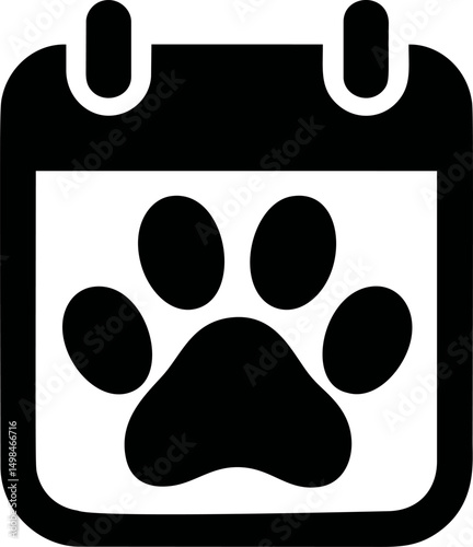 Black and white calendar icon with a paw print representing pet events. Vector illustration