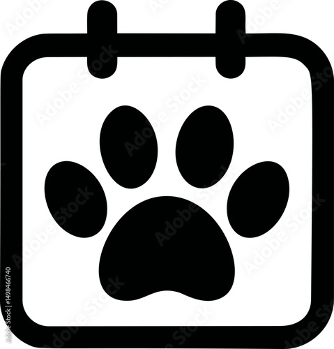 Black paw print symbol on a calendar icon emphasizing pet event planning. Vector illustration