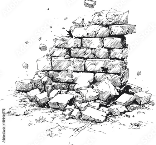 Falling apart brick wall sketch with scattered blocks and detailed shading. Vector illustration