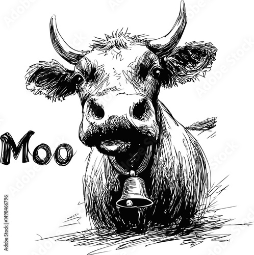 Sketch of cow with bell greeting with moo, cartoon style. Vector illustration
