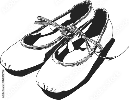 Black and white illustration of ballet shoes with elegant tied ribbons. Vector illustration