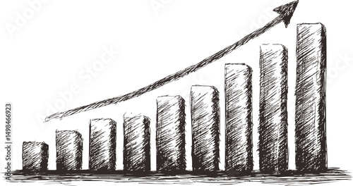 Hand-drawn increasing bar graph with upward trend arrow, business concept. Vector illustration