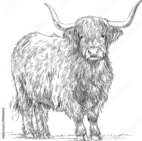 Scottish highland cow line art with detailed shaggy hair and long horns. Vector illustration