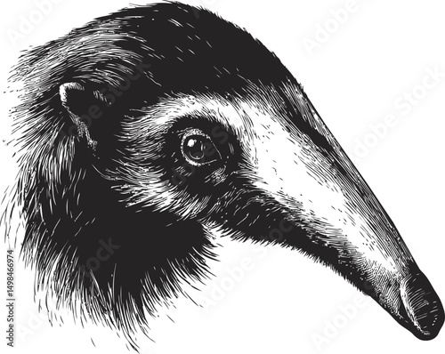 Illustration of an anteater head detailed black and white sketch. Vector illustration