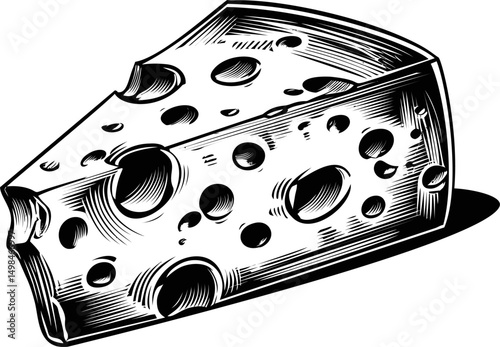 Black and white sketch of a wedge of swiss cheese with holes and shadows. Vector illustration