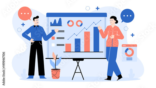 Two people analyzing data on charts and graphs. Perfect for business presentations, financial reports, strategies discussions, and teamwork concepts.