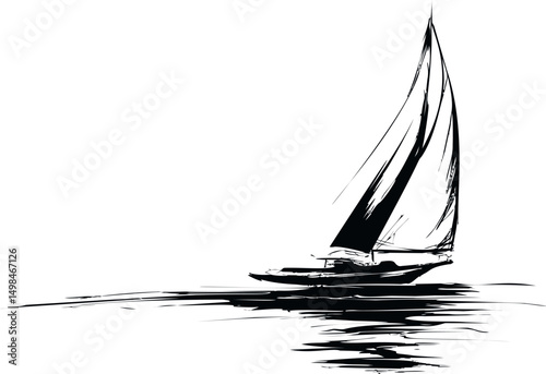 Minimalistic black and white sailboat illustration with flowing water reflections. Vector illustration