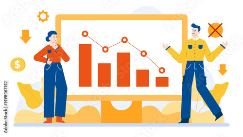 Two people analyzing a bar chart with a downward trend, ideal for illustrating financial or business decline in presentations or reports.