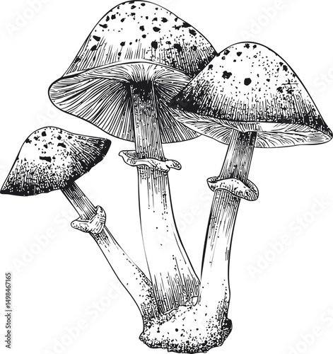 Ink illustration of four mushrooms detailed with speckles and a natural texture. Vector illustration