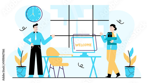 Man greeting new employee at an office. Suitable for onboarding, welcome emails, office culture, staff introductions, and team building materials.