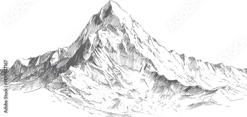 Detailed black and white sketch of a majestic mountain peak, landscape illustration. Vector illustration