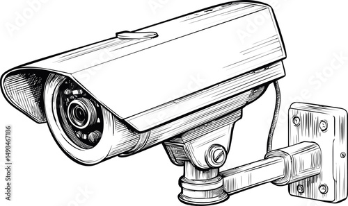 Illustration of a surveillance camera sketch with intricate line details. Vector illustration