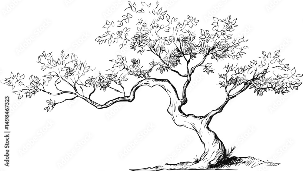 Sketch of a bonsai tree with a twisted trunk and detailed leaves. Vector illustration