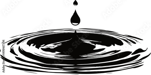 A water droplet creating ripples in a minimalist black and white illustration. Vector illustration