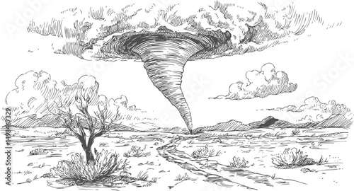 Tornado swirling in a barren landscape with dramatic clouds, hand-drawn sketch. Vector illustration