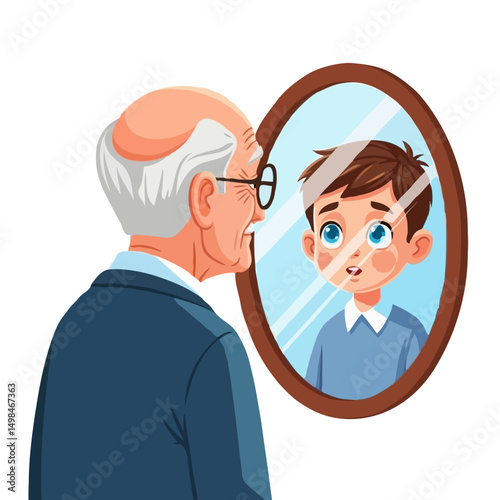 Elderly cartoon man sees young boy in mirror, symbolic reflection of time and lost youth