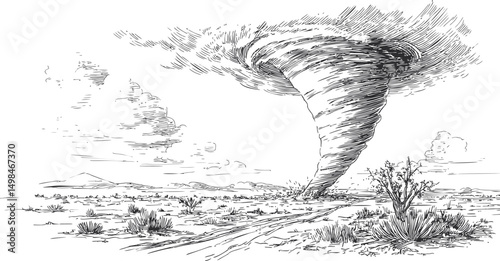 Pencil sketch of a tornado swirling over a desert landscape with clouds. Vector illustration