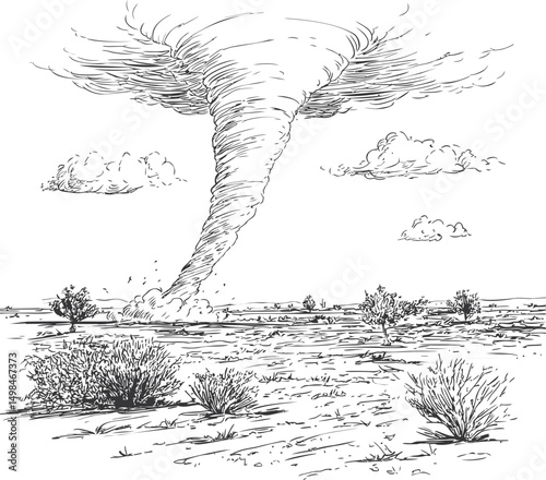 Sketch of a tornado swirling above a sparse desert landscape with scattered shrubs. Vector illustration