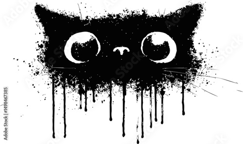 Black cat face with dripping ink design, ink splatter art. Vector illustration