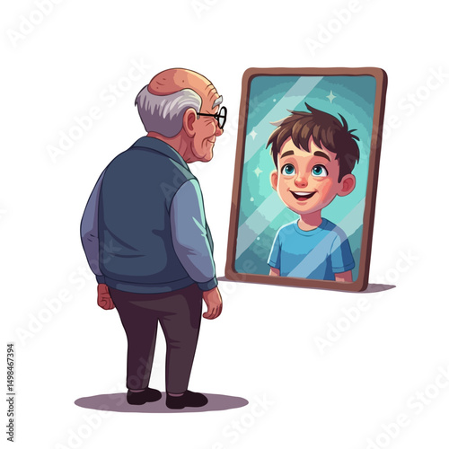  Cartoon senior man seeing young boy reflection in mirror, dreaming about youth and past beauty, isolated on white background, vector art