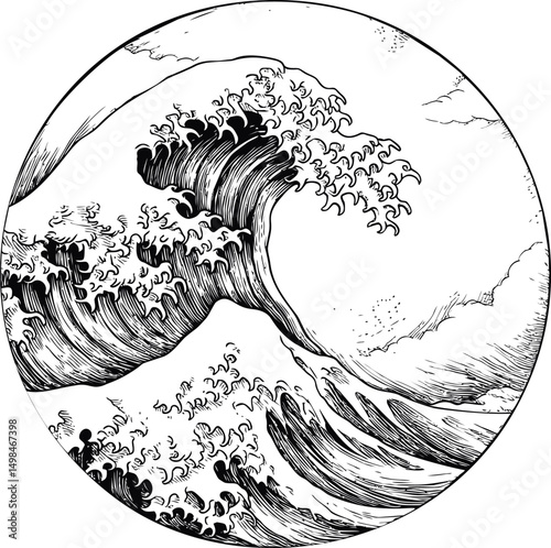 Ink drawing of a monumental ocean wave within a circular frame, artistic masterpiece. Vector illustration