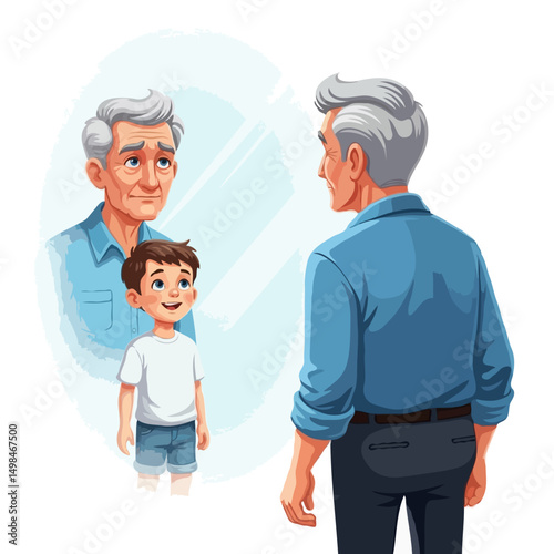 Elderly Man Cartoon Character Looking at Mirror, Young Reflection, Vector Illustration