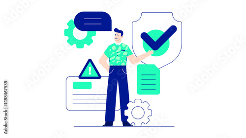 Man pointing to a shield with a green checkmark, symbolizing approval or completion. Suitable for business, success, validation concepts.