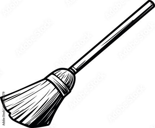 Black and white illustration of a wooden broom with bristles, classic cleaning tool. Vector illustration