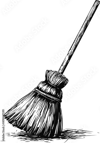 Vintage black and white illustration of a classic straw broom. Vector illustration