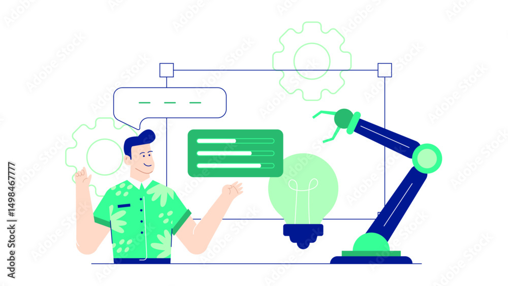 Title Man with a gear and a robotic arm. Suitable for tech, innovation, science, futuristic concepts. Ideal for websites, ads, presentations. Title Man with a gear and a robotic arm. Suitable for tech, innovation, science, futuristic concepts. Ideal for websites, ads, presentations.