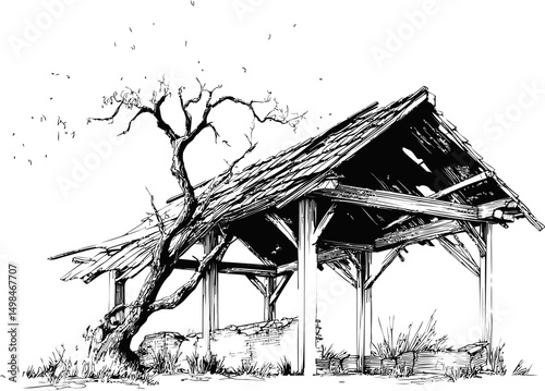 Old wooden barn with slanted roof beside crooked tree in black and white sketch. Vector illustration