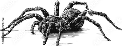 Detailed black and white illustration of a tarantula spider. Vector illustration